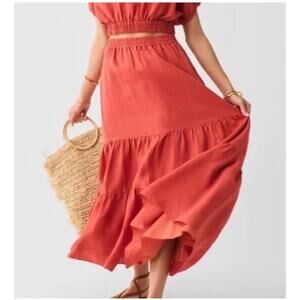 Faherty Cala Tiered Linen Maxi Skirt Tandoori Orange Skirt-Sz L